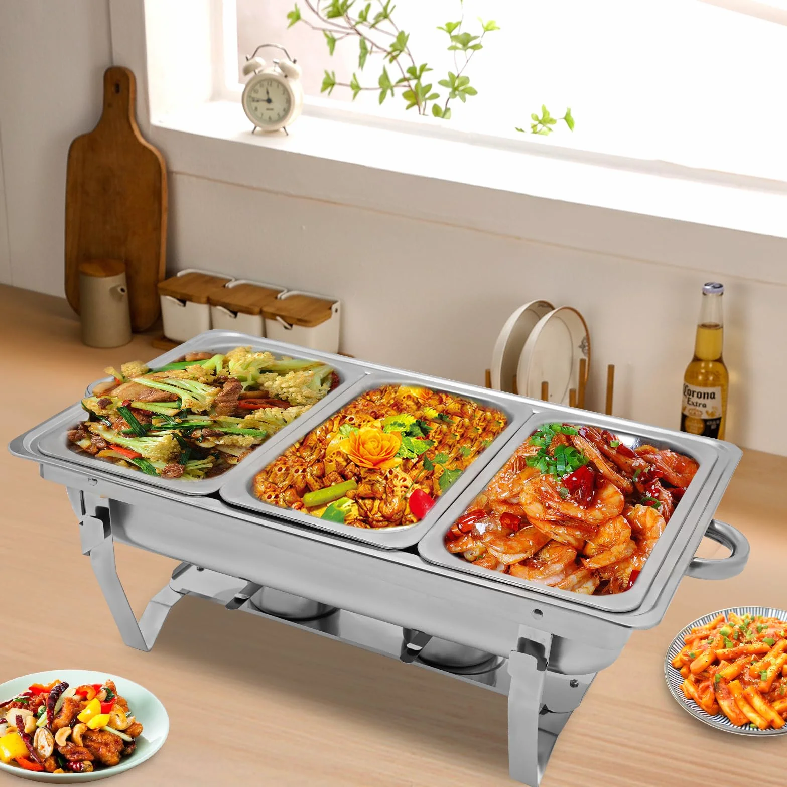 Calentador de alimentos de 9 l, recipiente térmico de acero inoxidable, marco plegable de acero inoxidable, juego de buffet plateado, rectangular, para catering, buffet y fiestas (3 bandejas)