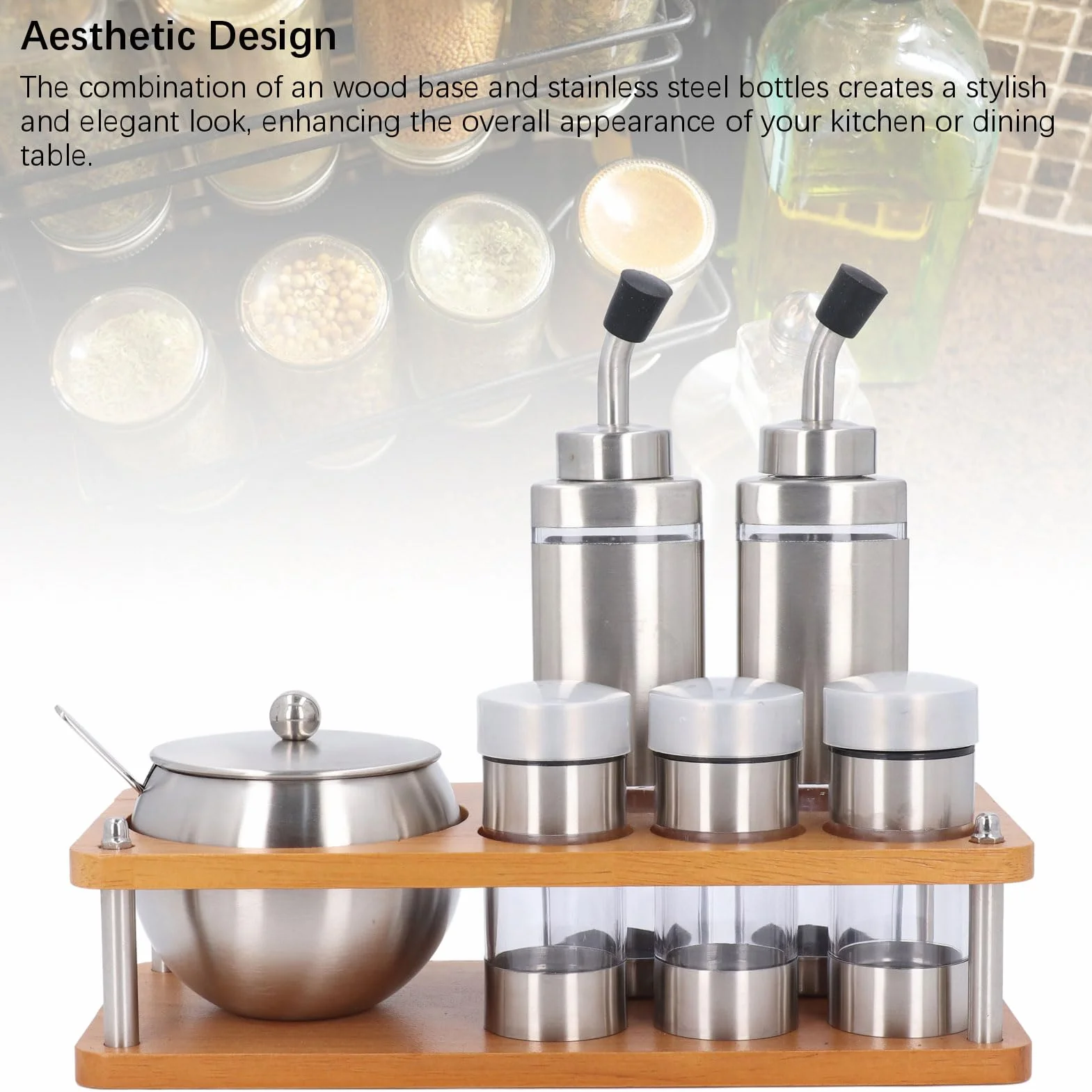 Juego de Dispensadores Condimentos para Vinagre, Sal y Pimienta, Juego Botellas Aceite y Vinagre con Base Estante Madera, Coctelera Plástico Acero Inoxidable Cocina,Almacenamiento