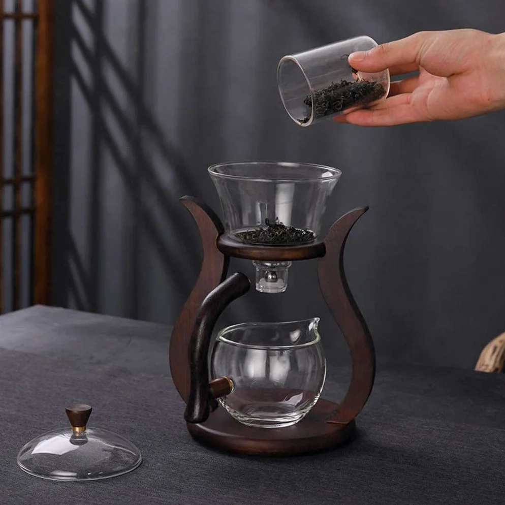 RORA Tetera de vidrio semiautomática con tapa giratoria para flujo de agua magnético, juego de tetera de vidrio de madera con 6 cuencos (tetera con 6 tazas)