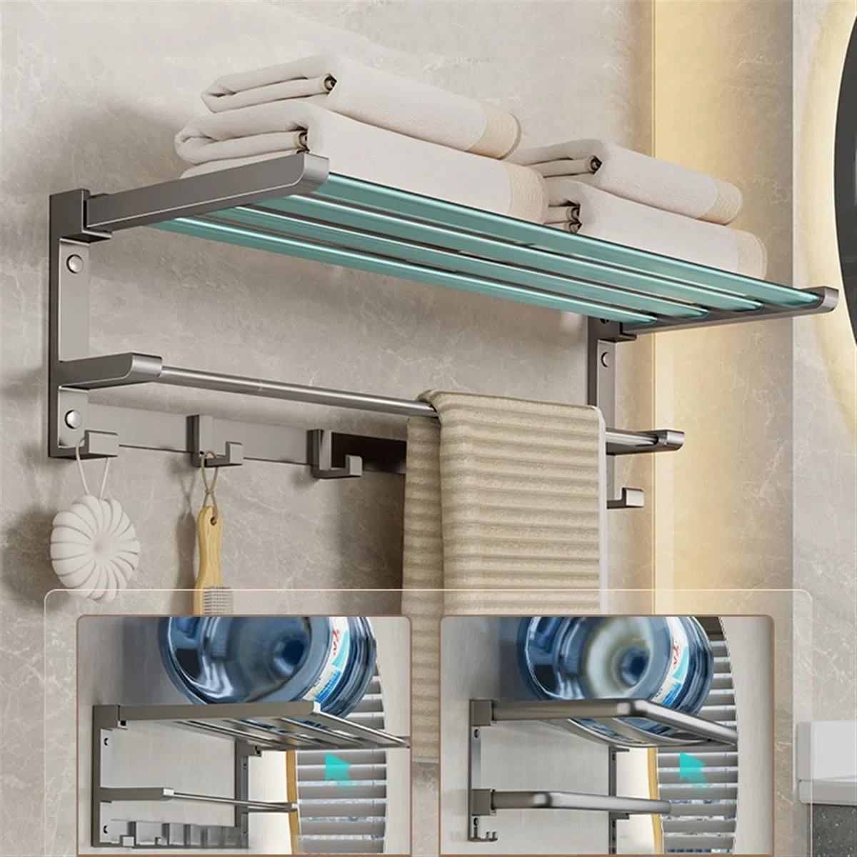 LUUYYI Estante de baño para baño, toallero de acero inoxidable con barra de toalla y ganchos, estante plegable montado en la pared, estantes flotantes negro/gris (gris pistola, M)
