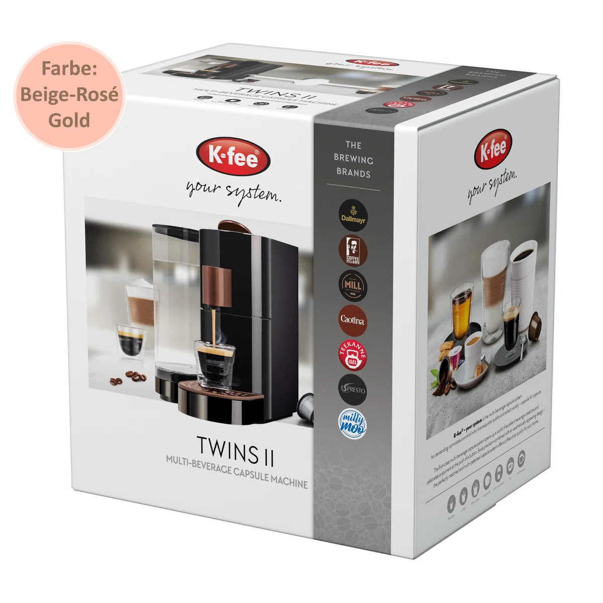 K-FEE TWINS II Máquina de cápsulas para café, té y cacao, cafetera para tazas grandes, calentamiento rápido, depósito de agua de 2,3 litros, 19 bar, beige, oro rosa