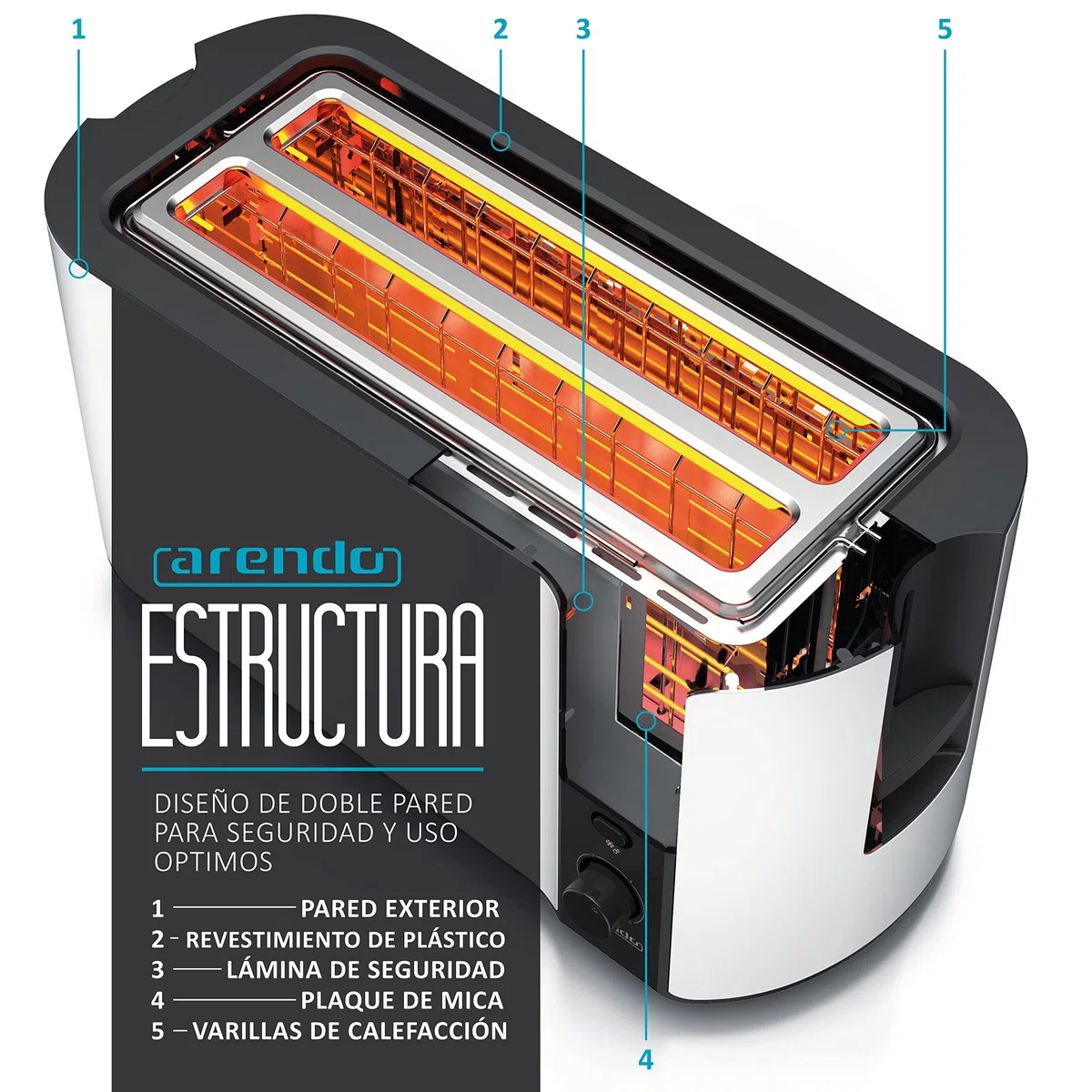 Arendo - Tostadora 4 rebanadas con ranuras largas - 1500 W - 6 niveles - Pantalla indicadora - Descongelación y calentamiento - Soporte panecillos - Bandeja de migas - Doble pared - Acero inoxidable