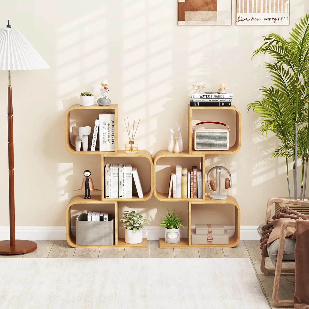 COSTWAY Estantería en Forma de S, Estantería de Almacenamiento de 3 Niveles con 3 Cubos Abiertos, Estantería de Bambú para Esquina Decorativo para Sala de Estar, Estudio, Oficina, Natural (3 Niveles)