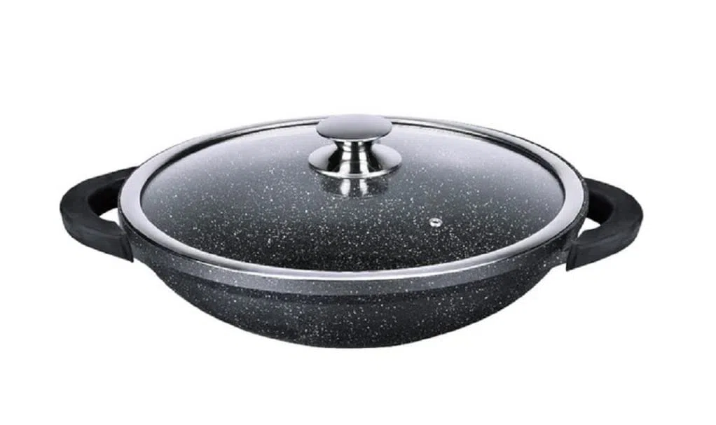 Kamberg Wok 36 cm, aluminio fundido, revestimiento tipo piedra, tapas de cristal, todo tipo de fuentes de calor, incluida la inducción, sin PFOA