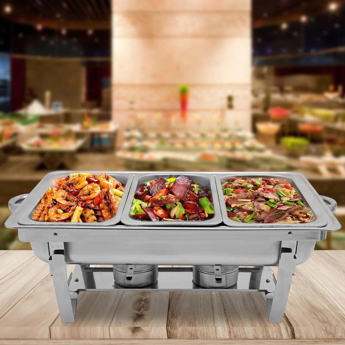 Calentador de alimentos de 9 l, recipiente térmico de acero inoxidable, marco plegable de acero inoxidable, juego de buffet plateado, rectangular, para catering, buffet y fiestas (3 bandejas)