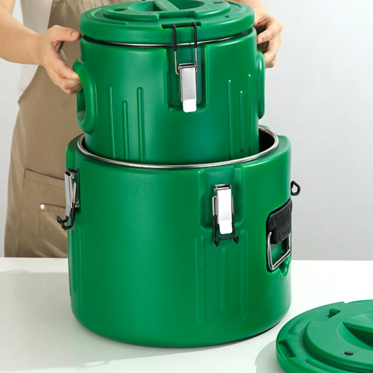 3 Piezas Cubeta Térmica Aislada Recipiente Conservación Alimentos Asas Interior Inoxidable Aislante Adecuado para Servicio de Comidas Hogar, Verde, Verde, Juego De 3 Piezas 5L/20L/40L