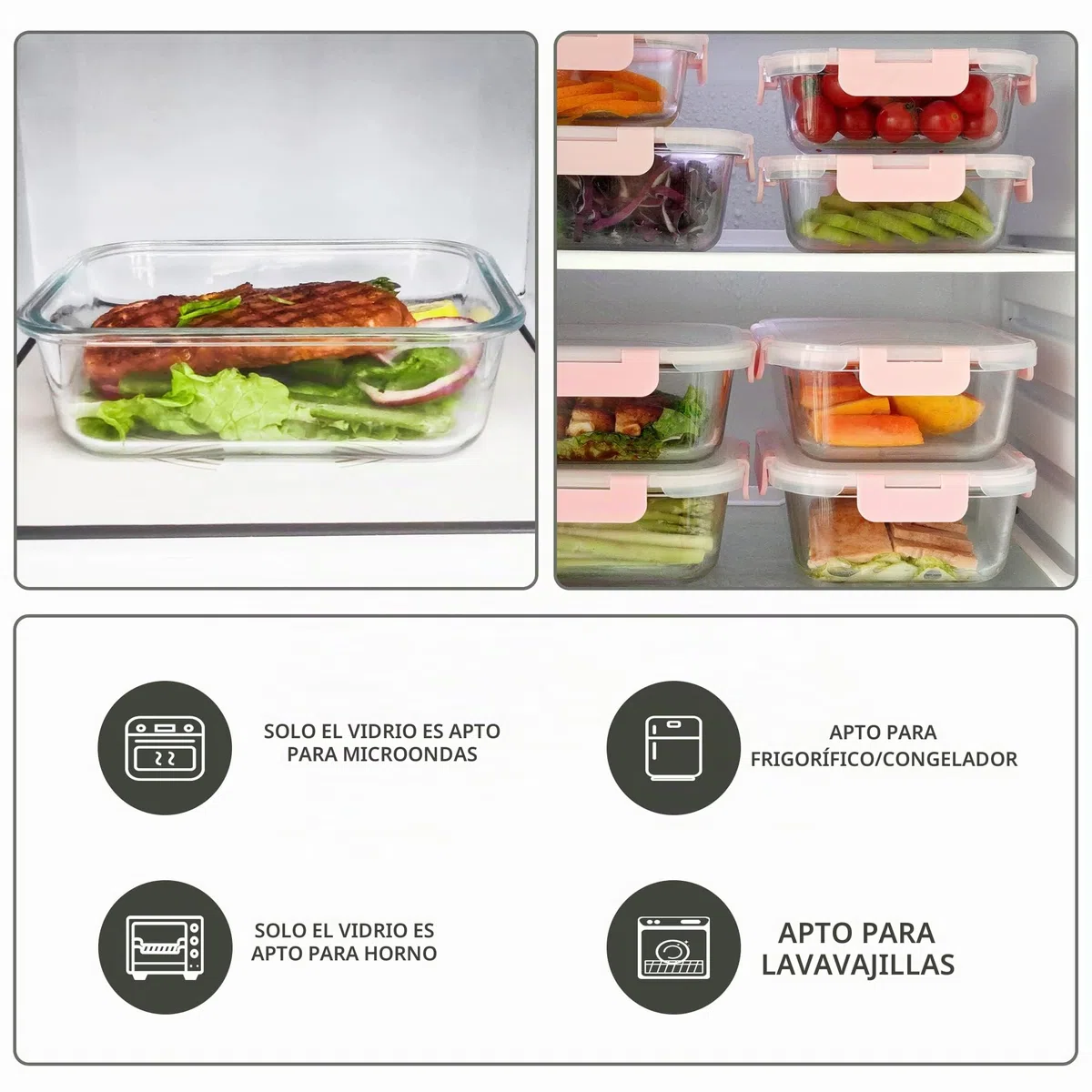 Paquete de 10 recipientes de almacenamiento de alimentos de cristal, herméticos con tapa, recipiente de cristal para el almuerzo, apto para microondas y lavavajillas, color rosa
