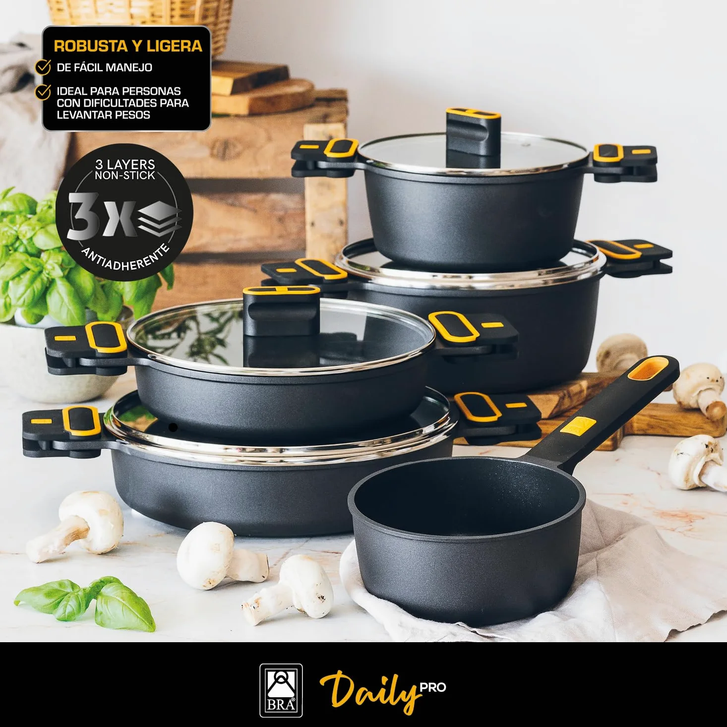 BRA Daily Pro | Cacerola baja 36 cm aluminio fundido, antiadherente sin PFOA, apta para todo tipo de cocinas e inducción