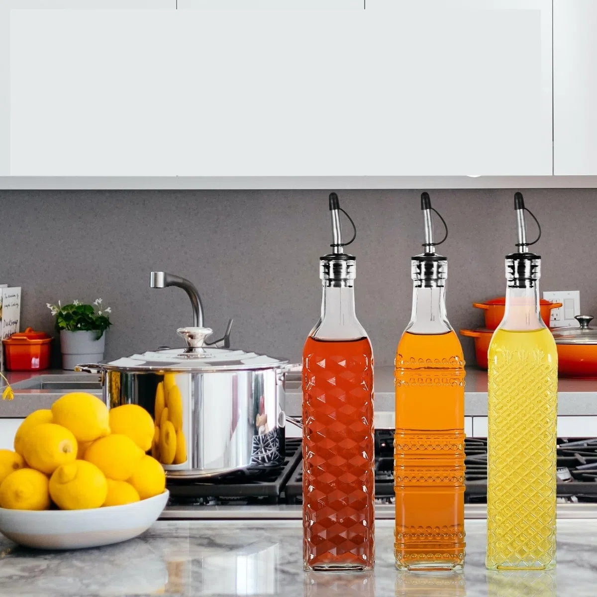 Juego de dispensador automático de vinagre de aceite, 3 botellas de condimento de cocina con función de apertura y cierre fácil, perfecto para cocinar y aderezar, ollas de aceite y vinagre