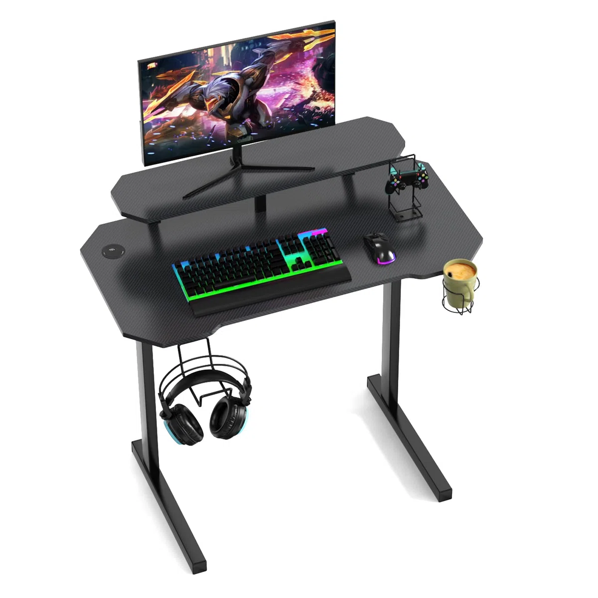 Escritorio Gaming Mesa Escritorio para Computadora Mesa para PC con portavasos y Gancho para Auriculares Escritorio con Soporte para Monitor 100x55x75 cm Negro
