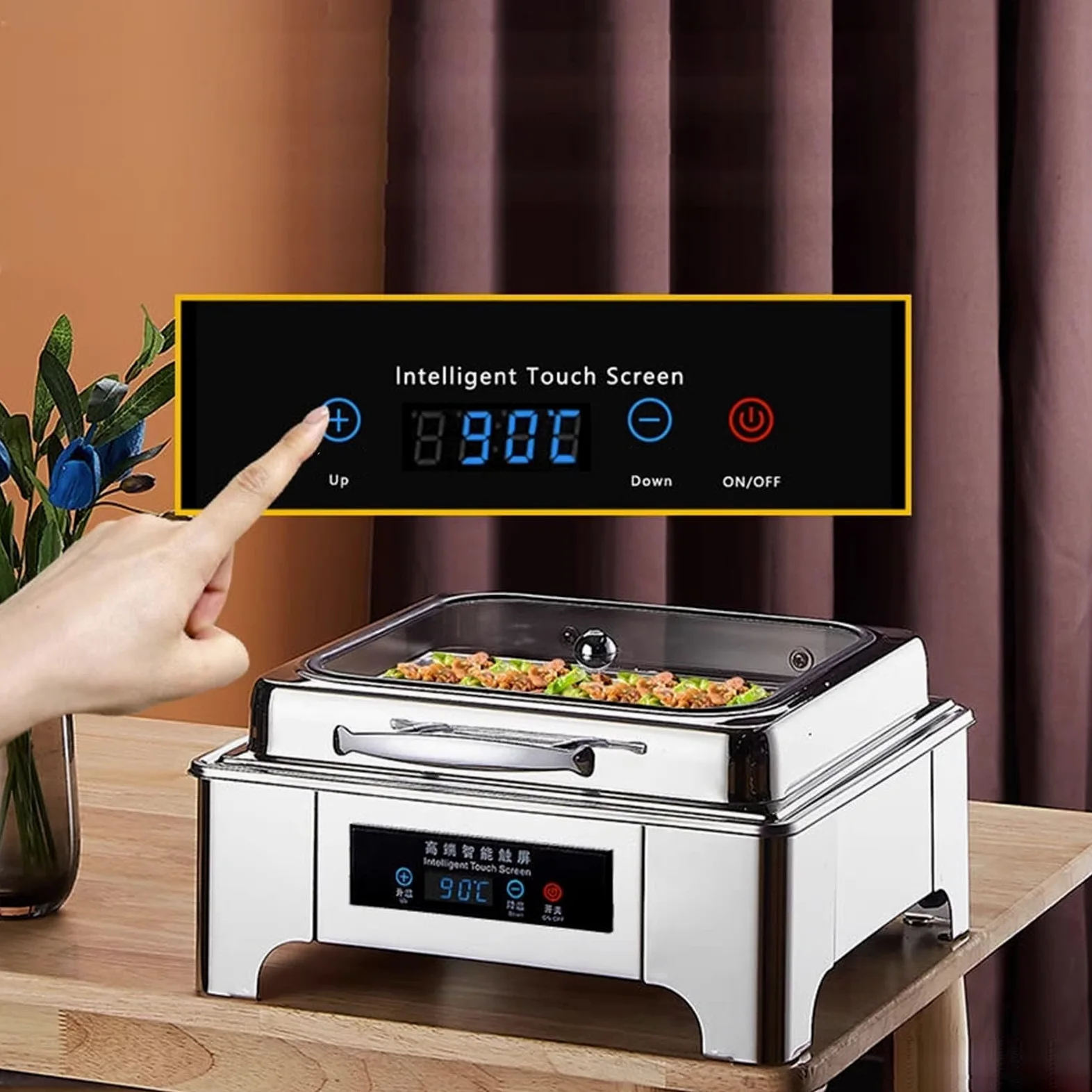 Calentadores de alimentos de buffet con temperatura ajustable y tapa de vidrio para servir en la mesa