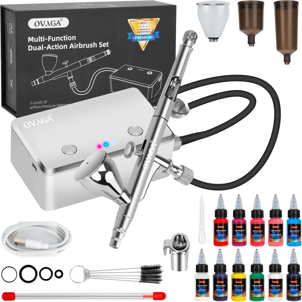 Kit de Aerógrafo con Compresor 32 PSI, Juego de Aerógrafo Doble Acción Multifunción Recargable Portátil con Juego de 11 Pinturas para Airbrush para Pintura, Modelos, Decoración, Tartas, Uñas