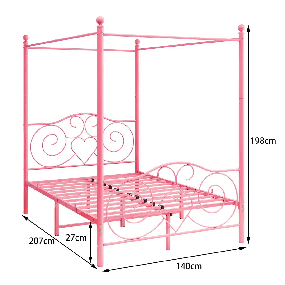 Marco de cama con dosel 140 x 200 cm, metal resistente, listones y soportes de acero, sin muelles, color rosa