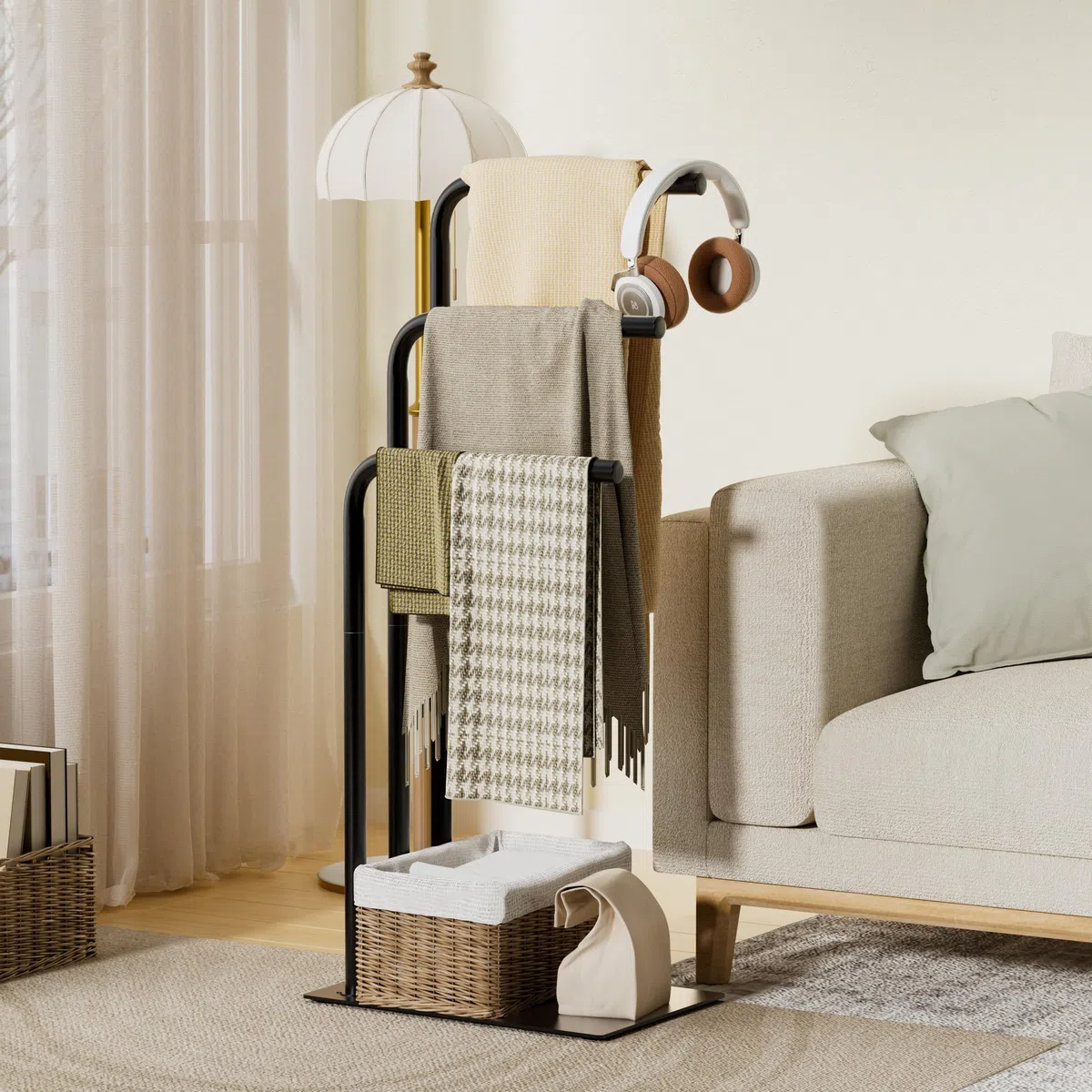 OUTBROS Toallero, Toallero de pie, Soporte de Metal de 3 Niveles para Baño, Secado y Exhibición con Estante, Soporte para paños para Sala de Estar, 39x26x90cm, Negro | Toallero de metal de acero inoxidable para baño con placa base de metal, soporte de sec