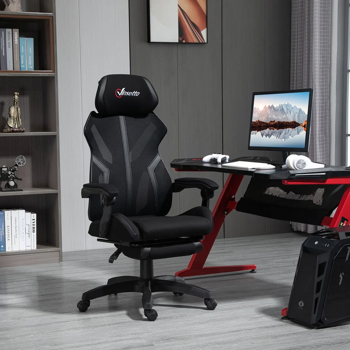 Vinsetto Silla Gaming con Reposapiés Retráctil 65x65x119-129 cm Negro | Silla de Oficina Giratoria Reclinable, con Reposacabezas, Altura Ajustable