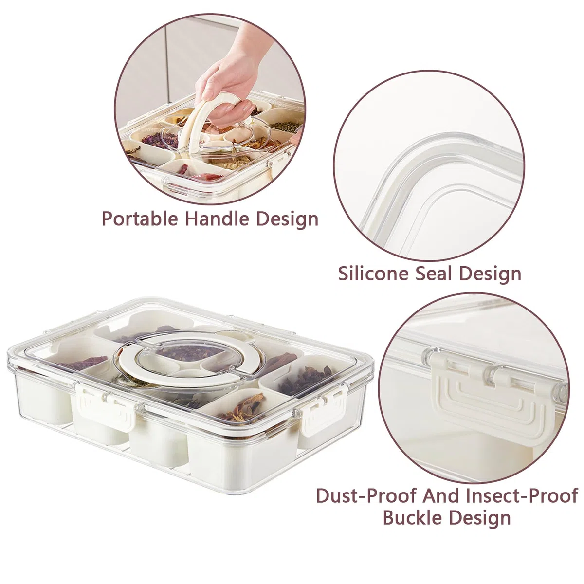 Bandeja de Servir Dividida con Tapa y Asa Bandejas para Bocadillos Cajas Bento para Contenedores de Almuerzo Cajas de Almacenamiento Organizador Portátil de Dulces para Frutas (Blanco)