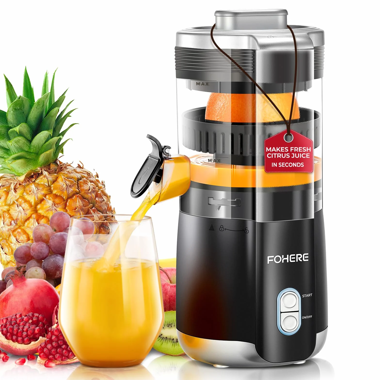 FOHERE Exprimidor de Naranjas Eléctrico, 100W Exprimidor Eléctrico con Boquilla Antigoteo y Motor Silencioso, 2 Conos Intercambiables para Limón, Naranja, Uvas y Granadas