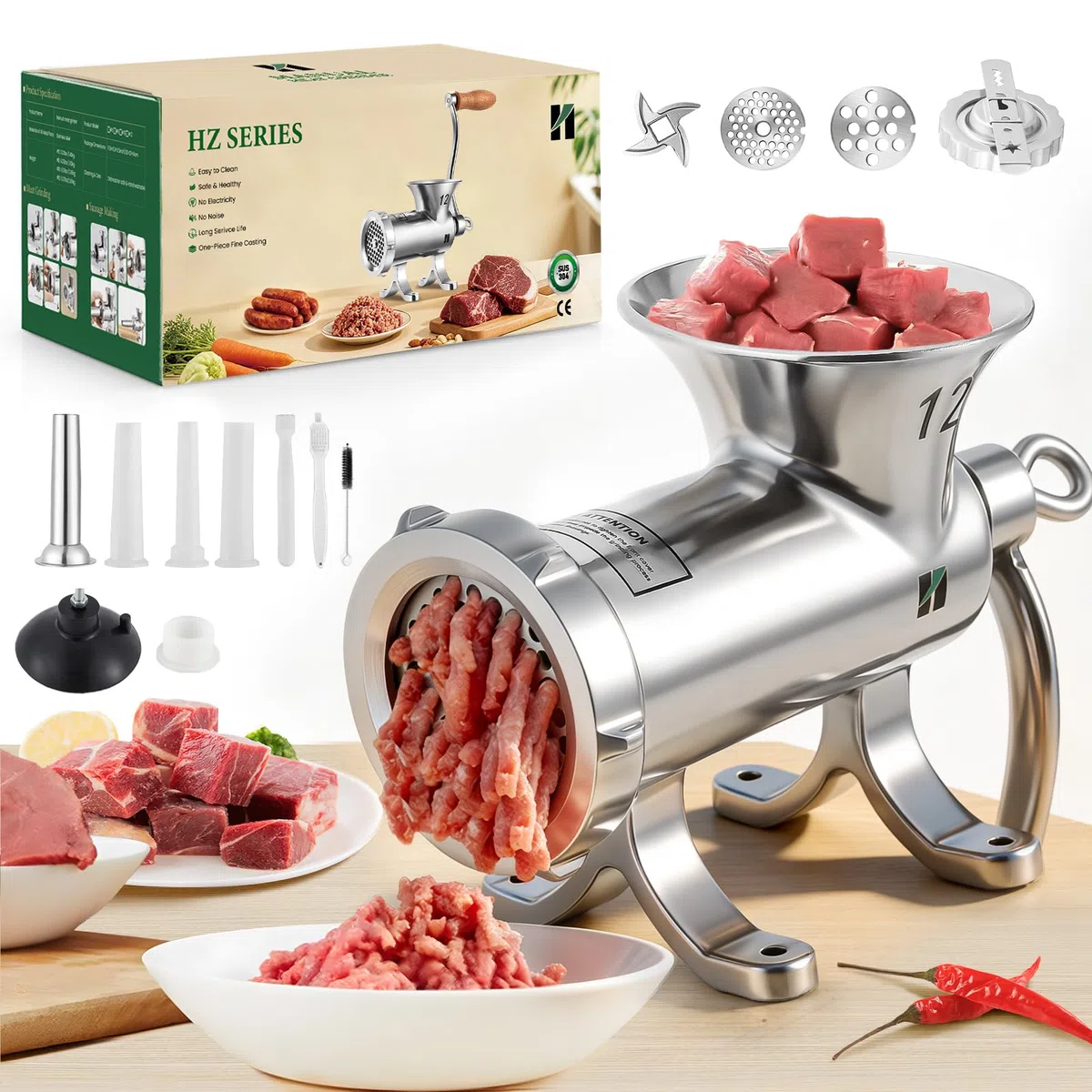 Huanyu Picadora de carne de acero inoxidable con relleno de salchichas y accesorio para galletas, apto para lavavajillas, para carne de vacuno, cerdo y verduras, picadora de carne (n.º 12)