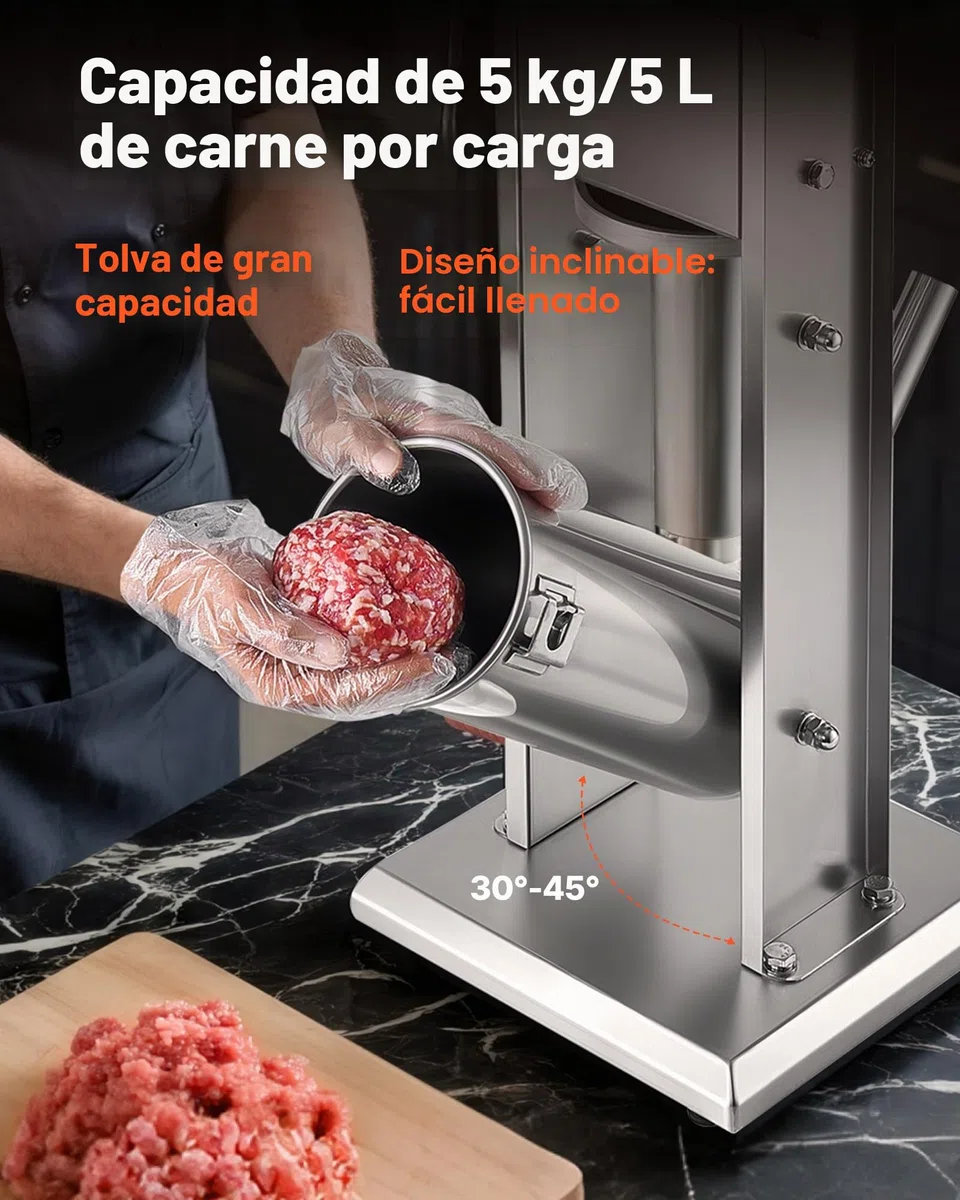 VEVOR Embutidora Manual de Salchichas de 5 L, Máquina de Llenado Vertical de Carne con 2 Velocidades de Rápida/Lenta, Acero Inoxidable Resistente, con 5 Tubos de Embutido, 490 x 300 x 660 mm