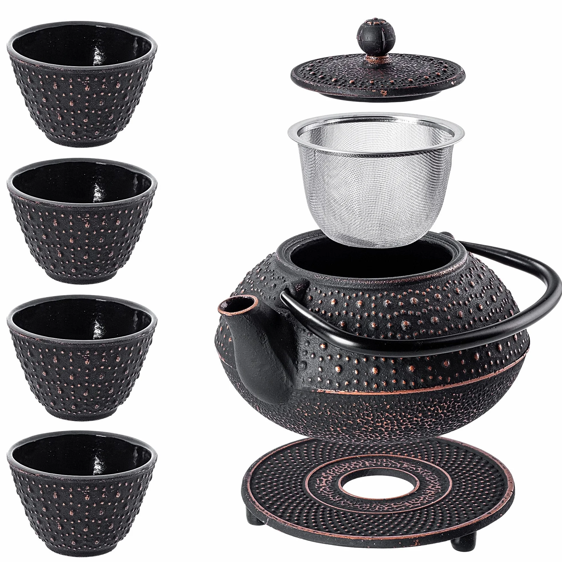 KADAX Tetera japonesa de 0,8 l con 4 tazas de té para té suelto, juego de té japonés de hierro fundido, tetera de hierro fundido con colador, tapa, asa y posavasos (negro)