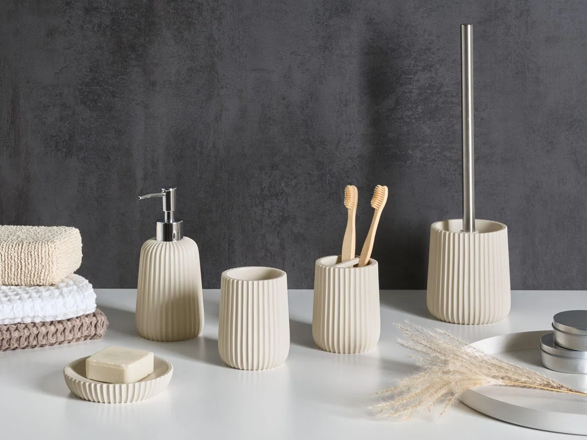 Conjunto de 5 Accesorios de baño jabonera dispensador de jabón escobilla de Inodoro Vaso Soporte para cepillos de Dientes Beige Pozuzo