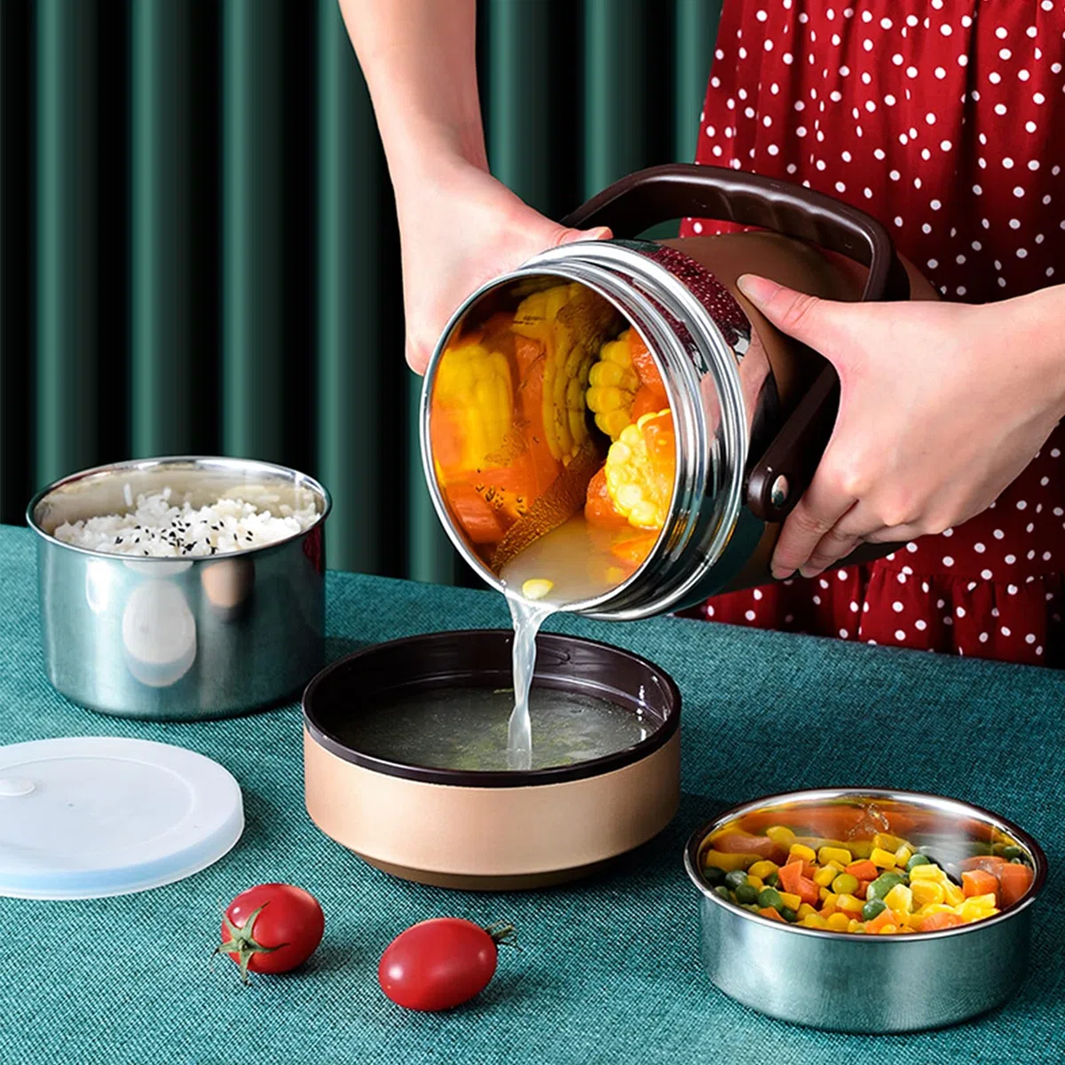Fiambrera Térmica de Acero Inoxidable Prueba de Fugas Caja Bento Térmica con 2 Compartimentos Recipiente Térmico para Alimentos, Lunch Box para Trabajo de Oficina, Escuela, Hogar,Oro,1.6L