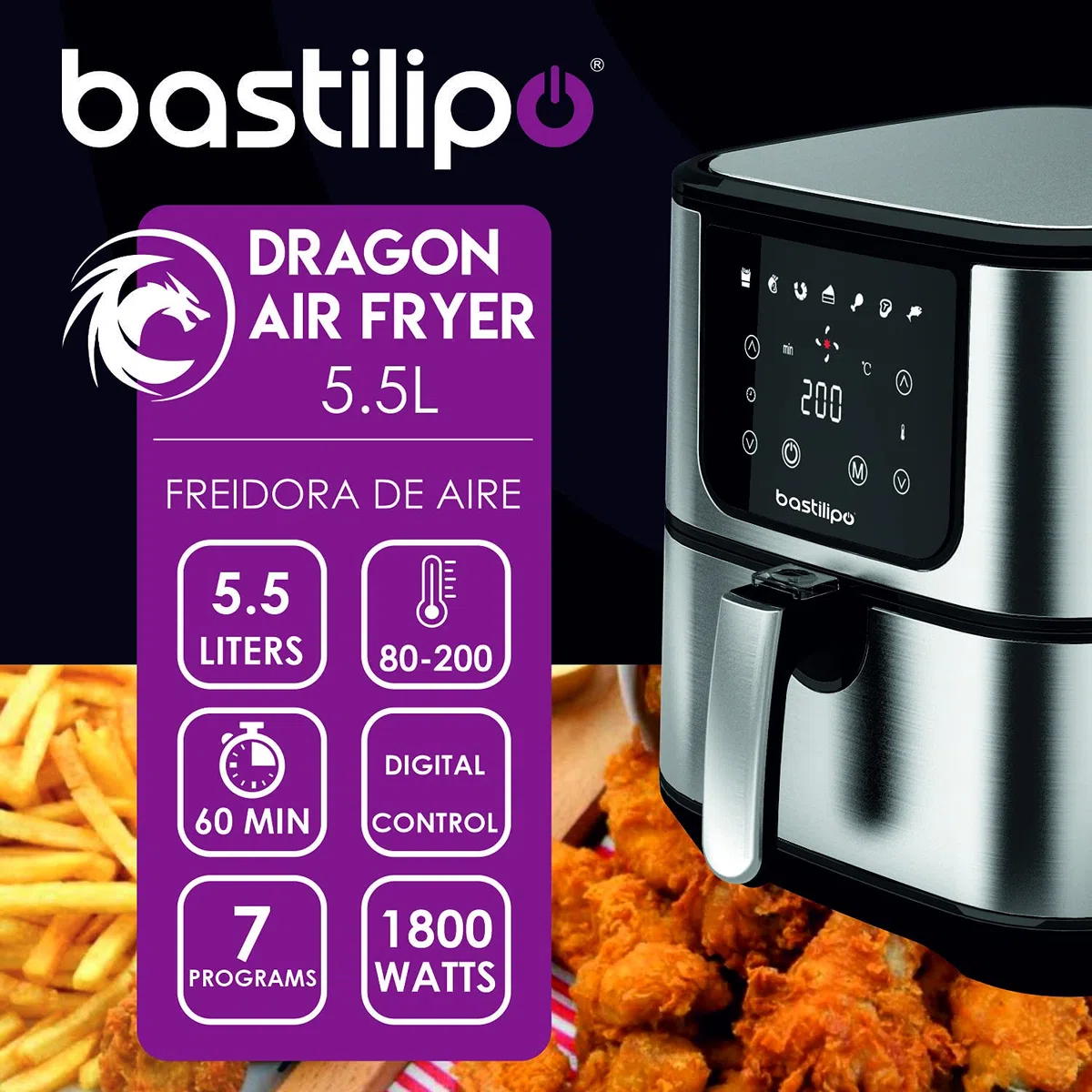 Dragon Air Fryer - Bastilipo - Freidora sin aceite 5,5L -Freidora de aire caliente con 7 programas -Con una potencia de 1800W y 60 min de temporizador - Pantalla LED - Sin BPA ni PFOA (AF-1800-0746)