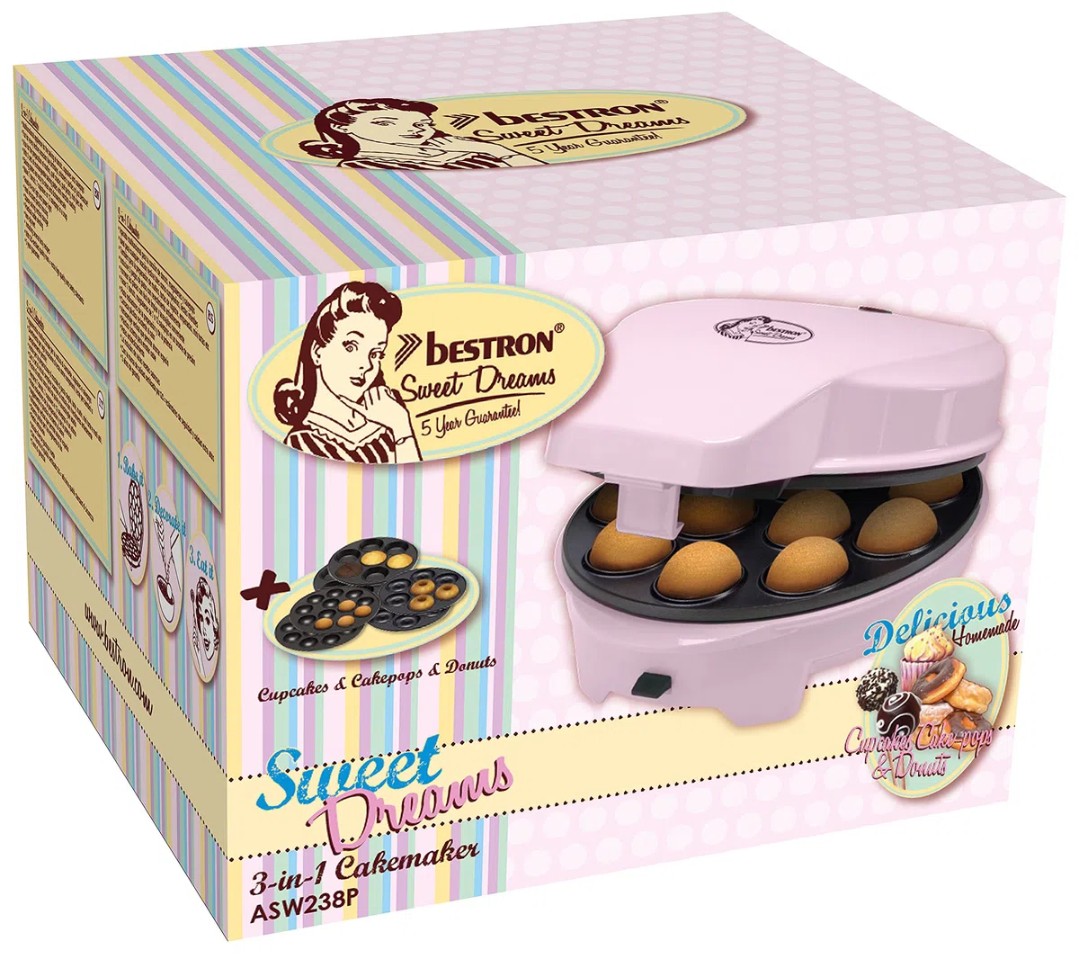 Bestron Máquina para Donuts 3 en 1 Diseño Retro con 3 Placas Intercambiables para Donuts, Muffins y Cake Pops, Antiadherente, 700 W, Ahorro de Espacio, Rosa, ASW238P