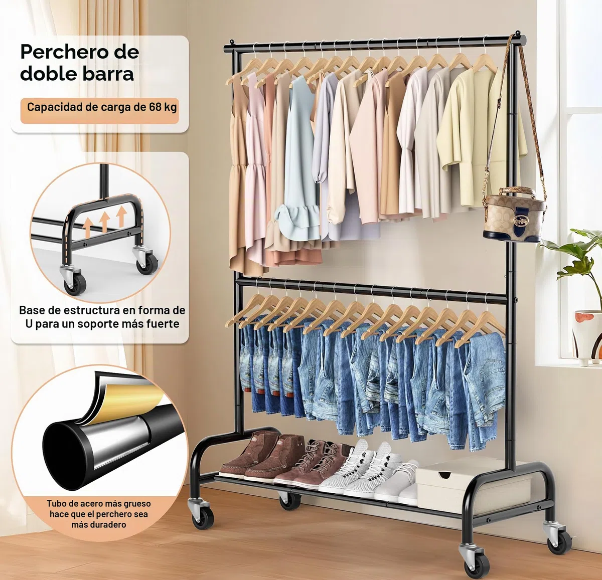 MISSLO Perchero resistente para colgar ropa con doble varilla, estante enrollable para guardarropa con ruedas, metálico, ajustable, color negro