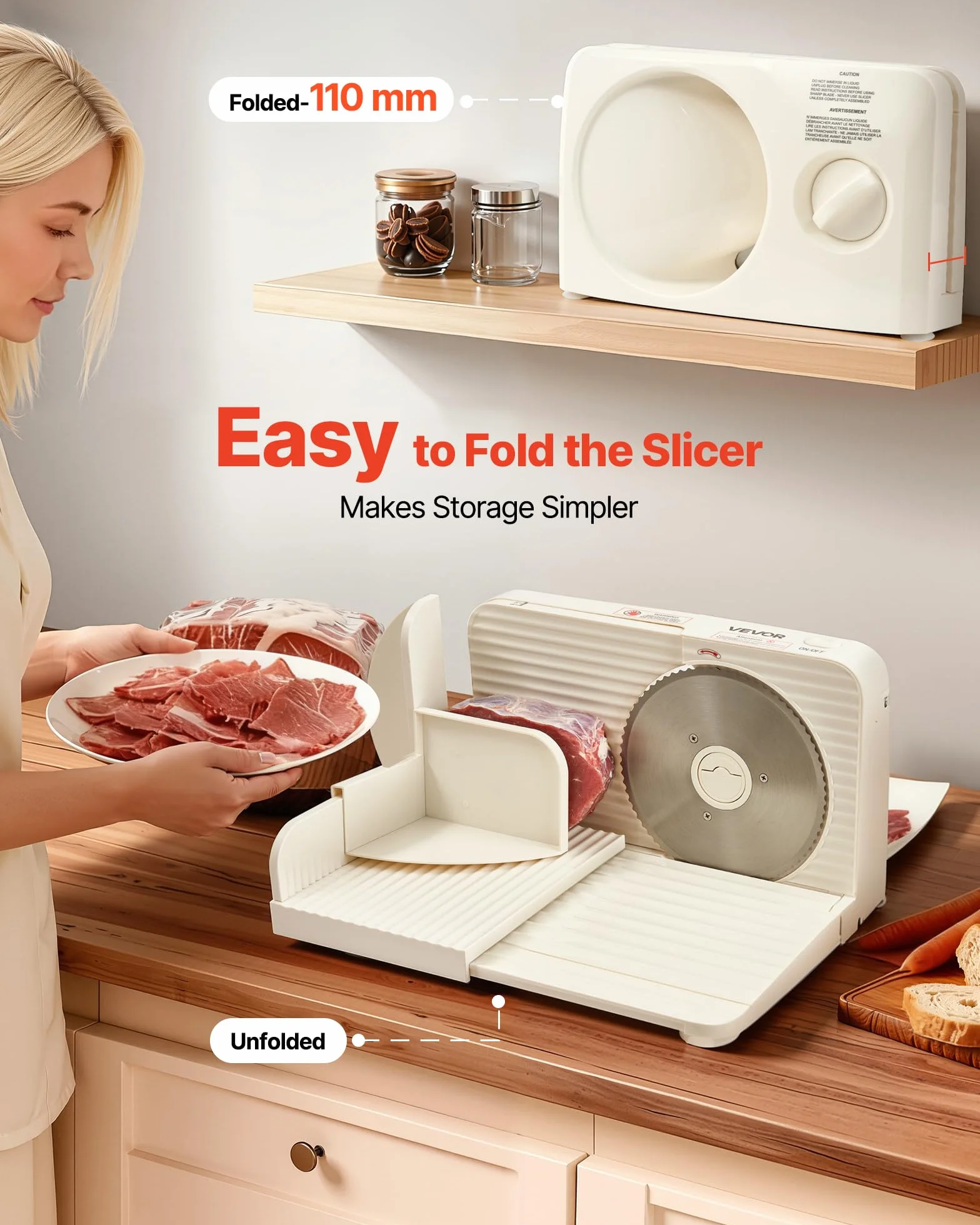 VEVOR Cortafiambres Eléctrico 180 W, Cortadora de Fiambre con Cuchilla Afilada de 170 mm, Velocidad de Corte de 60 a 90 RPM, Grosor Ajustable de 0 a 15 mm, para Carne Congelada, Jamón, Baguette