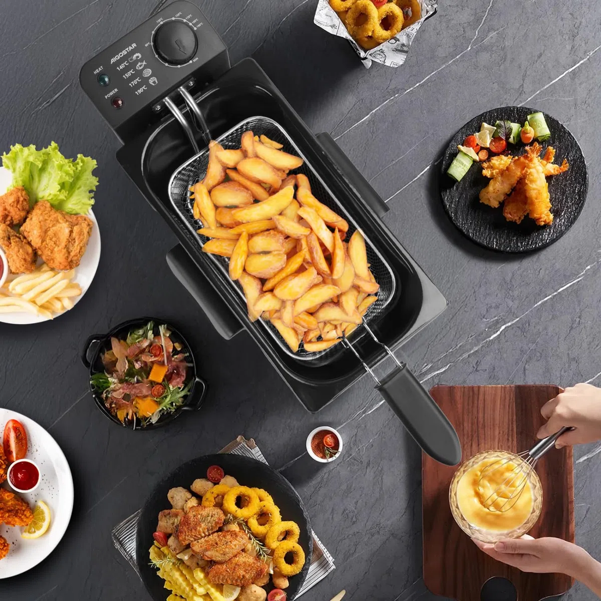 Aigostar Freidora de 3 litros, Acero inoxidable tipo 304 | 2200 watios de potencia, tapa con ventana de visualización, recipiente totalmente extraíble para vaciado de aceite