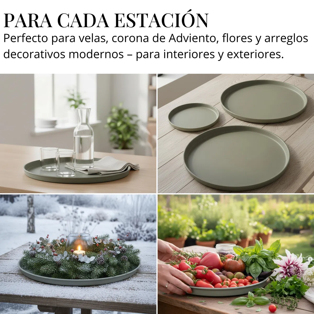 Juego de 3 bandejas decorativas redondas (25 cm, 30 cm, 40 cm), bandeja decorativa para corona de Adviento, bandeja para velas y decoración durante todo el año, elegante bandeja redonda verde