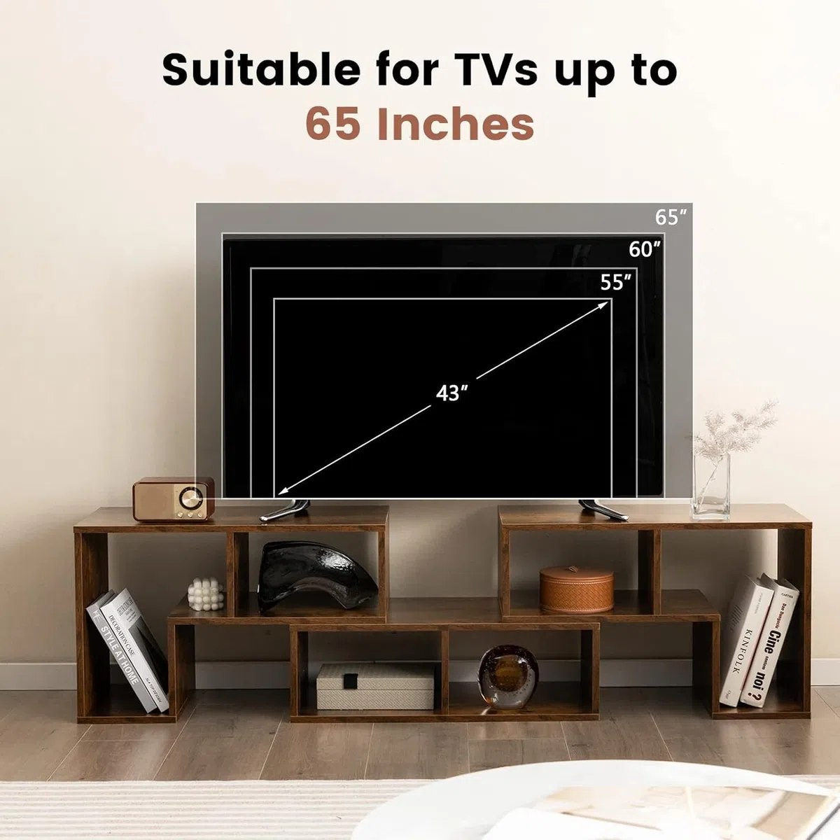 GIANTEX Mueble de TV Combinado Libre con Estantes Abiertos, para TV hasta 65 Pulgadas, Soporte de TV Multifuncional de Madera, para Salón, Dormitorio, 134-180x30x43 cm (Marrón, 3 Piezas)