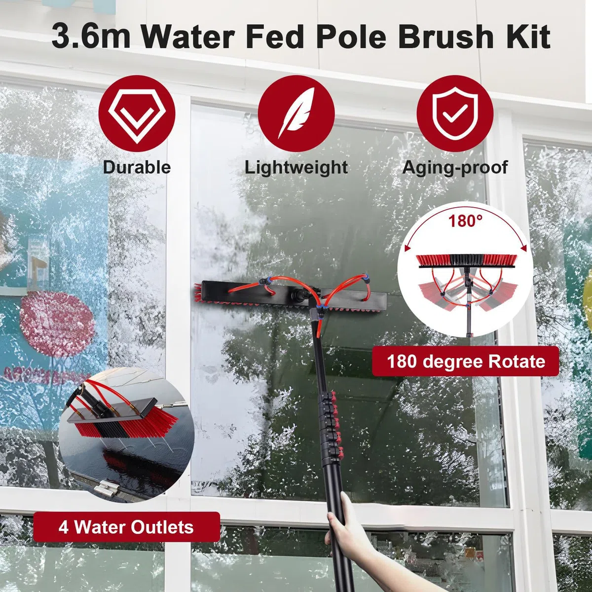 Genérico Cepillo telescópico para Ventanas de 3,6-10,8 m con alimentación de Agua para techos, con Sistema de Limpieza de Paneles solares, Kit con dispensador de jabón, para Camiones, Barco