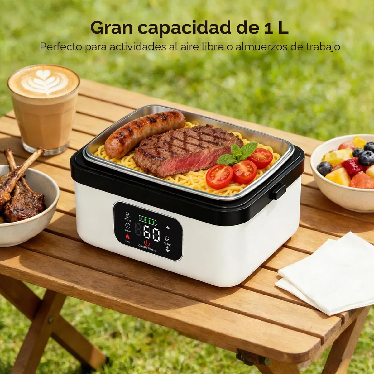 Fiambrera Electrica,Calentador de Comida Portatil 1L para Comida con Pantalla Táctil,Lonchera Termica con Vajilla de Acero Inoxidable y Bolsa Aislante para Coche(Blanco y negro)
