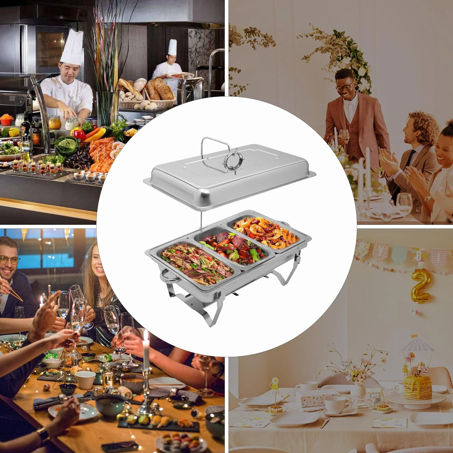 Calentador de alimentos de 9 l, recipiente térmico de acero inoxidable, marco plegable de acero inoxidable, juego de buffet plateado, rectangular, para catering, buffet y fiestas (3 bandejas)