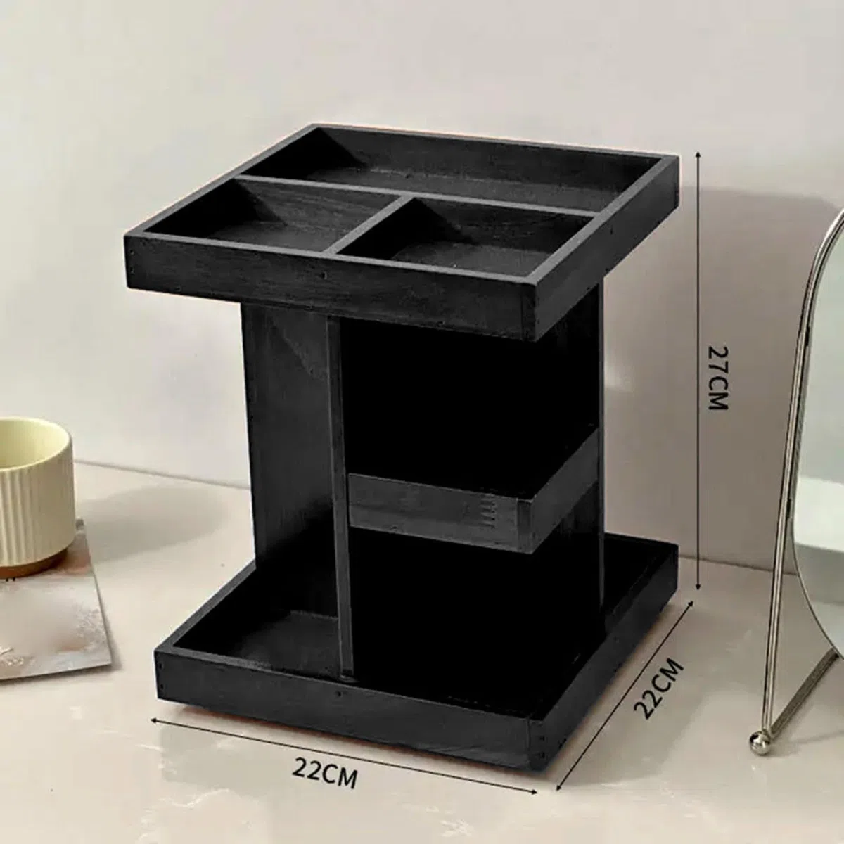 Organizador de colonia 360 para hombres, soporte de perfume de madera de 3 niveles con bandeja de reloj, estante de almacenamiento de escritorio para dormitorio (cuadrado negro)