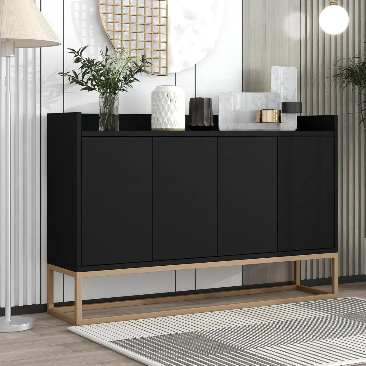 FEEOHOME - Aparador bajo, mueble de almacenamiento con patas de metal, mueble de cocina con 4 puertas y estantes ajustables, armario de cocina, 120 x 30 x 80 cm, para comedor, salón (Negro)