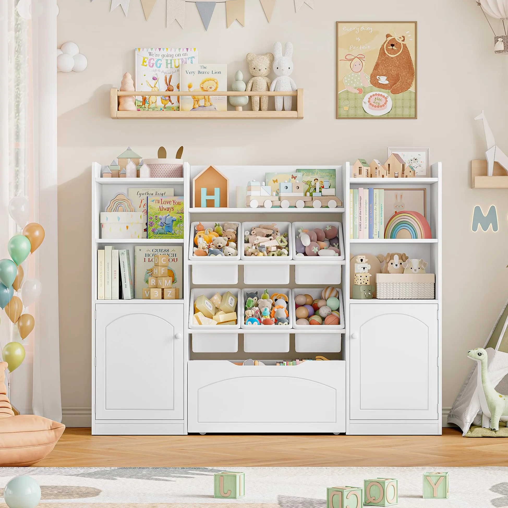 FOREHILL Mueble Almacenaje Juguetes, Organizador Juguetes, 6 Cajas, Blanco | Mueble Juguetes Organizador, 8 Compartimentos, 2 Estantes para Puertas, 1 Cajón Grande, 140.5x33x108.2cm