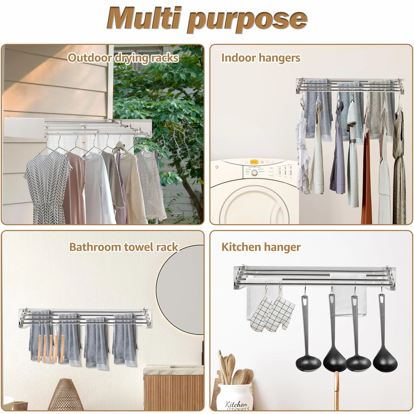 Tendedero Extensible de 50 x 25 x 7 cm, de Pared con 4 Barras con Juego de Montaje de Tornillos, tendedero de Acero Inoxidable, Puede Utilizarse con Barra de Toallas, Perchero para