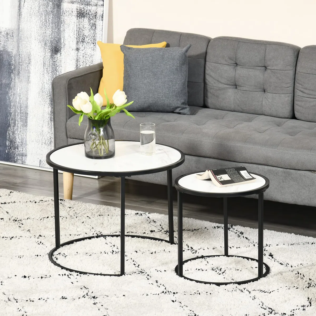 HOMCOM Juego de 2 Mesas Auxiliares Redondas Apilables Mesas Nidos Modernas con Encimera en Efecto de Mármol y Marco de Acero Ø60x46 cm y Ø40x40 cm Blanco
