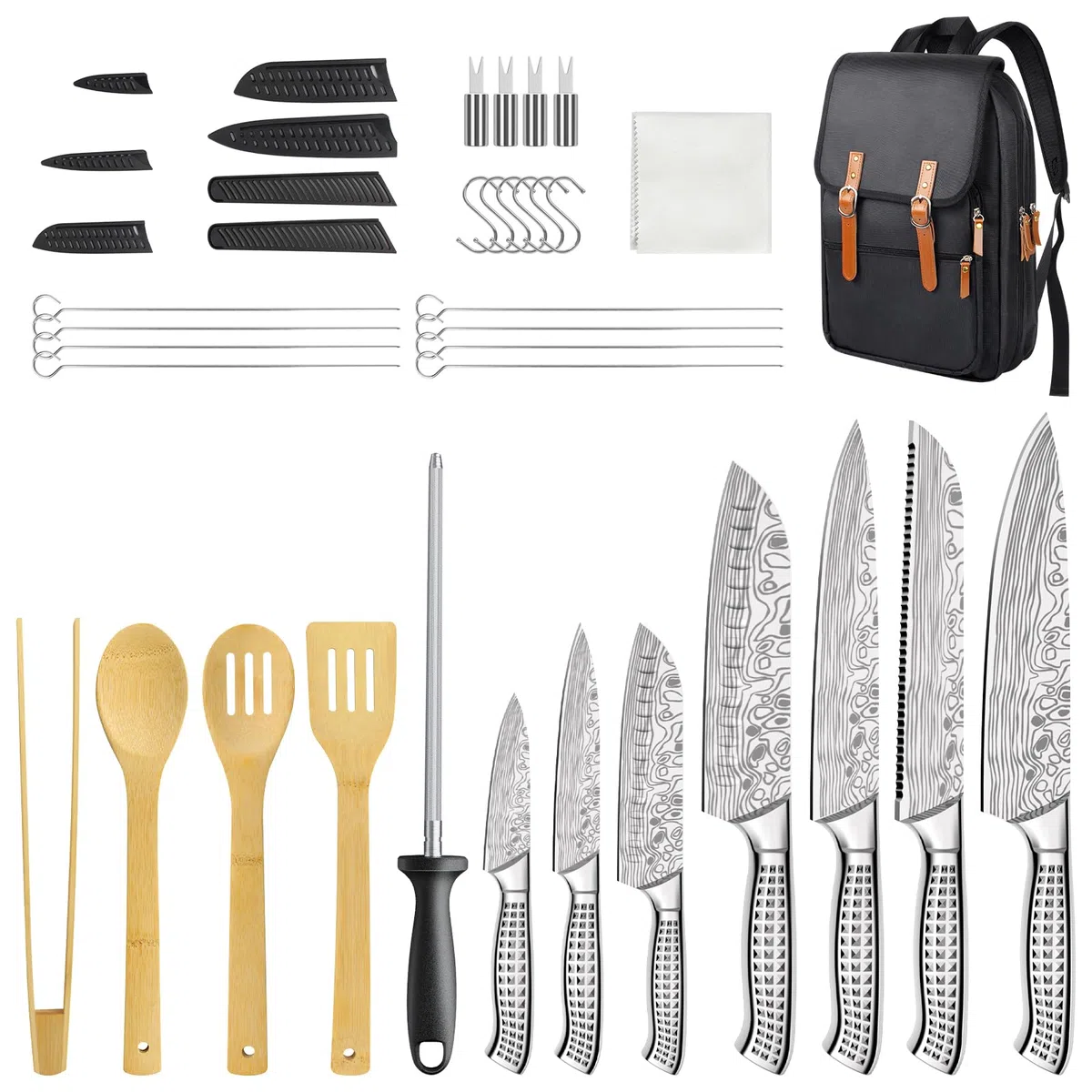 Juego de Cuchillos de Cocina Utensilios para Barbacoa Camping Picnic | Incluye 7 Cuchillos, Afilador e Fundas, Accesorios BBQ, Espátula para Risotto, Espátula Ranurada, Cuchara, Pinzas de Cocina