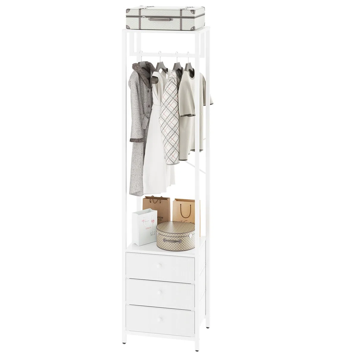 YMYNY Perchero con Cajón no Tejido, Pequeño Perchero de Esquina Almacenaje, Estantería de Almacenamiento para Salón Dormitorio Pasillo Entrada 39×29×179CM Blanco HGR001W
