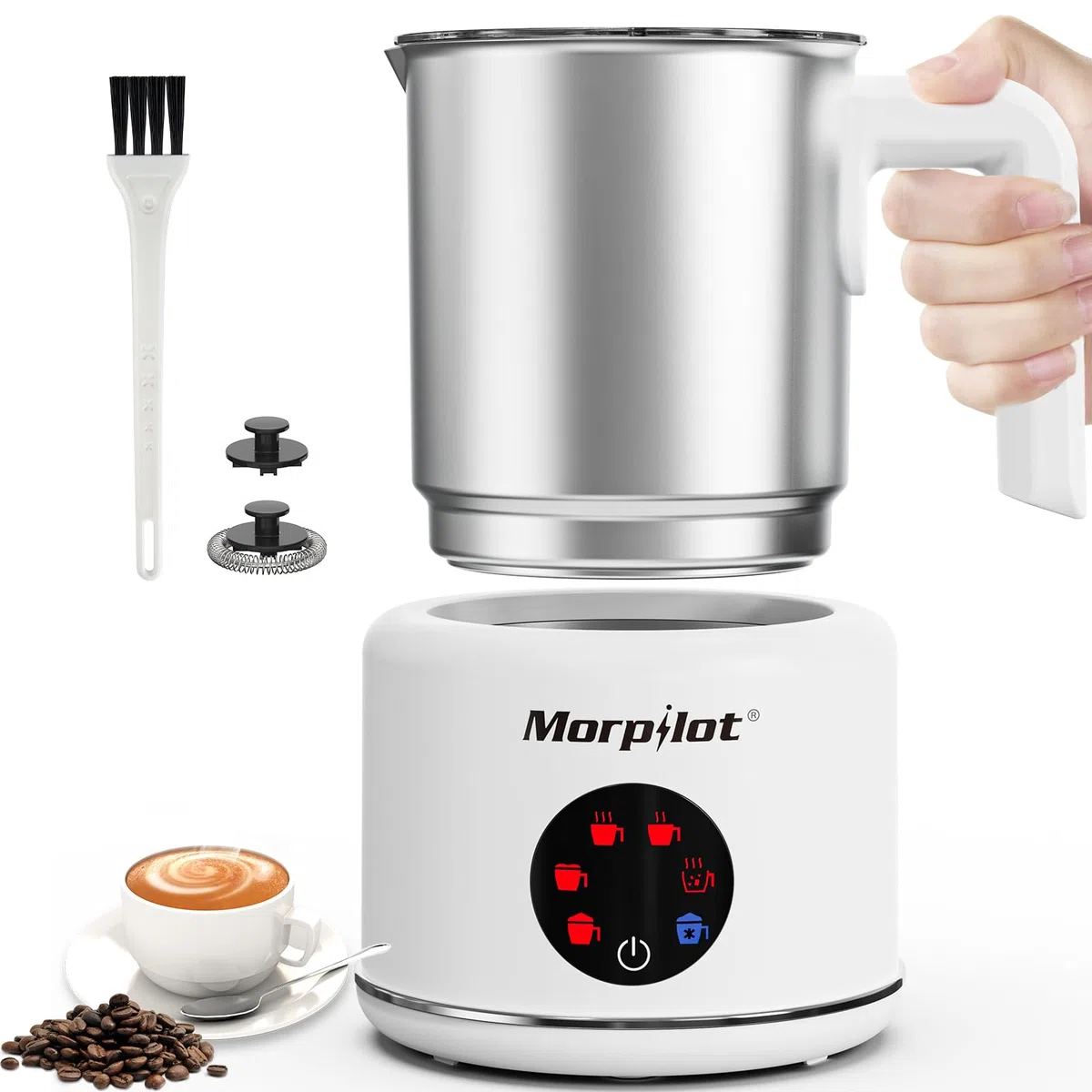 Morpilot Espumador de Leche Eléctrico 500ML Calentador de Leche 6 en 1, para Espuma Caliente y Fría, Chocolate Caliente, Latte, Capuchino y Macchiato, Apto para Lavajillas, Acero Inoxidable, Blanco