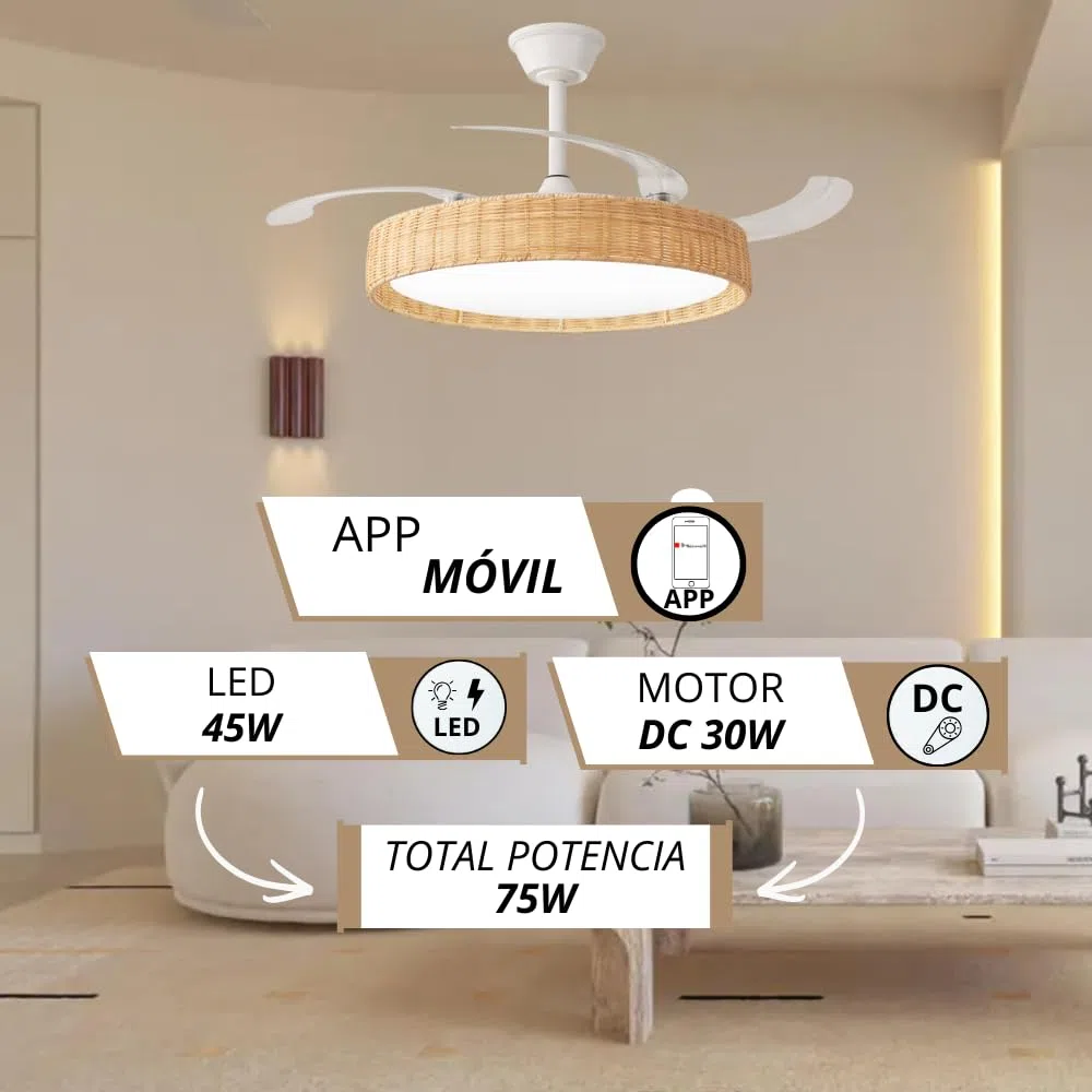 NARVI Ventilador de Techo Mimbre Haya Crema NERJA 7939 WDNL | Ø107 cm, Luz LED Regulable, Motor DC Silencioso de Bajo Consumo, Mando Incluido, 3 Aspas Retráctiles