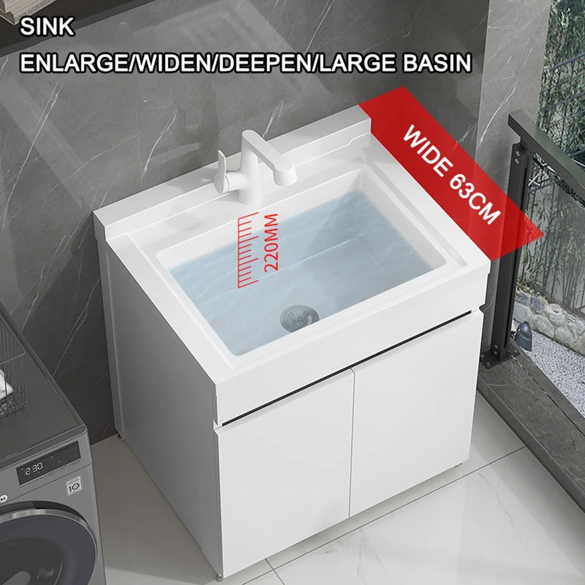 Fregadero de lavandería con armario y grifo extraíble, armario de almacenamiento de baño independiente, con grifo de agua fría y caliente, para lavandería, lavadero, sótano, un color, 60 cm