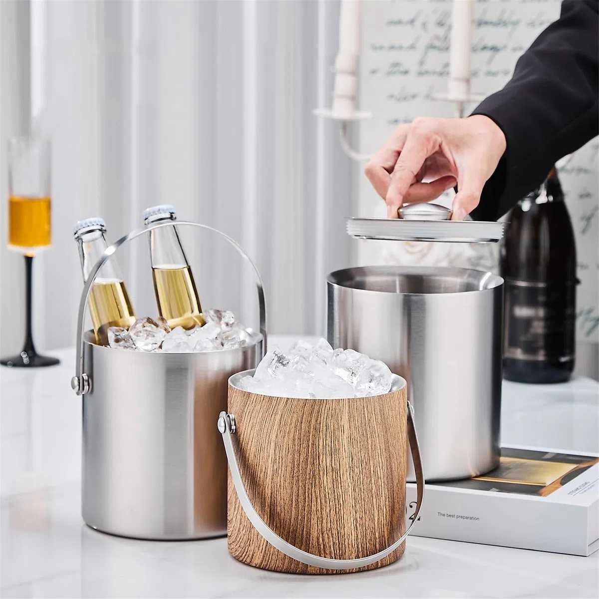 Cubo de hielo con tapa para champán, contenedor multiusos para fiestas, diseño aislado para bebidas, perfecto para entretenimiento y eventos al aire libre