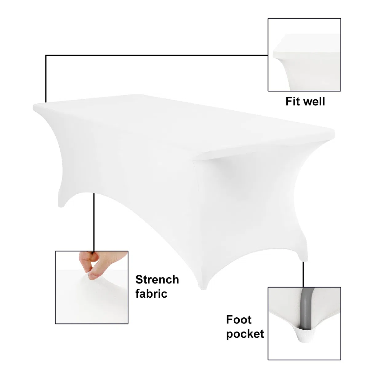 Paquete de 4 manteles impermeables de elastano de 8 pies, manteles impermeables de elastano de 8 pies para fiestas, bodas, banquetes y eventos (blanco)