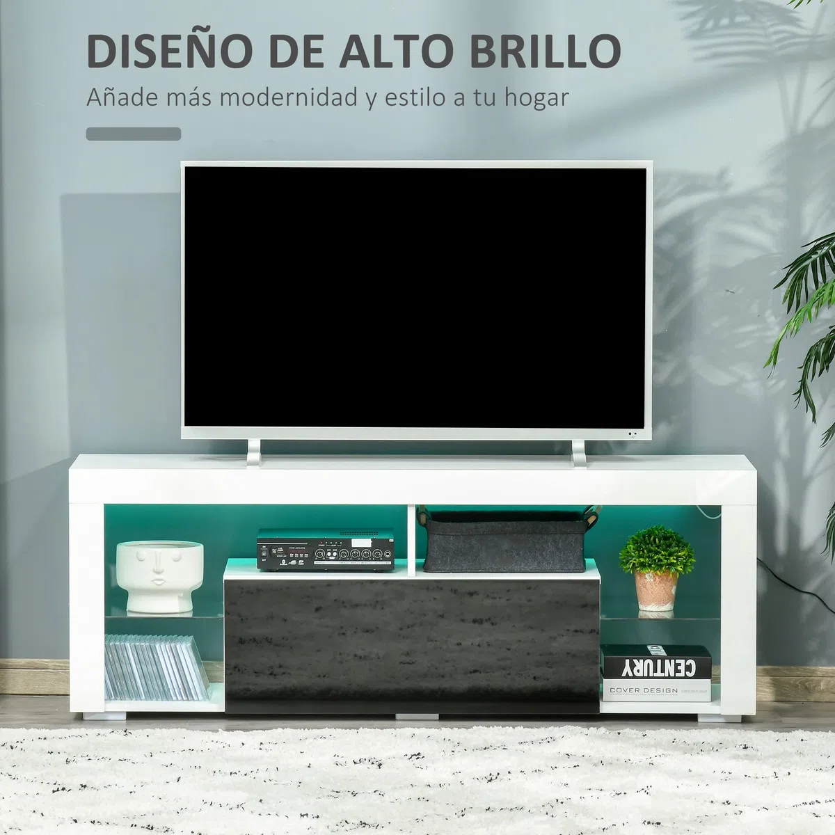 HOMCOM Mueble de TV para Televisiones de 55”Pulgadas 140x35x52 cm Blanco | Mesa para TV de Salón, Luz LED, 6 Modos de Colores, Mando a Distancia, Cajón, Estantes de Cristal Ajustables, Alto Brillo