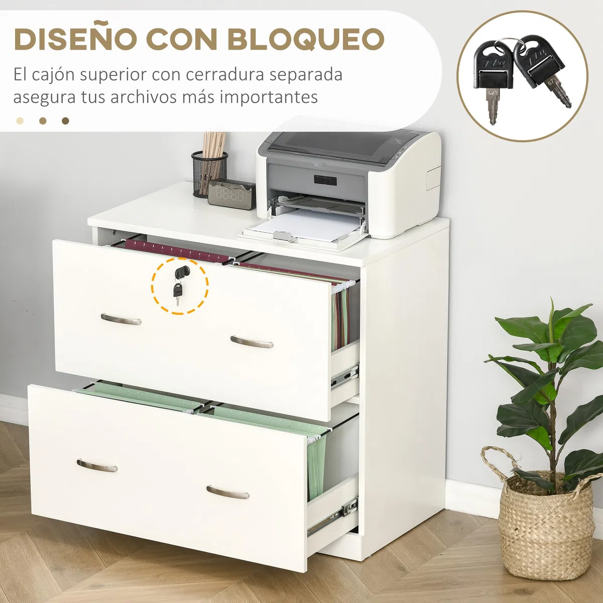 Vinsetto Cajonera de Escritorio con 2 Cajones Cajonera de Oficina con Guías para Carpetas Colgantes para A4 Cerradura y 2 Llaves para Estudio Salón 74x42x72 cm Blanco